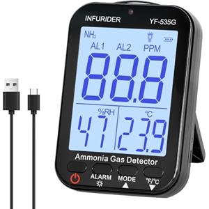 INFURIDER Sensore di ammoniaca NH3, rilevatore di gas, fughe di gas con allarme acustico e visivo, misuratori di qualità dell'aria interna con precisione +/- 2%, rilevatore di gas portatile 0-100 ppm
