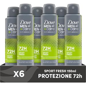 Dove Deodorante Dove Men + Care Sport Fresh Spray Advanced Care, Deodorante Uomo, con 1/4 Crema Idratante, Formula Idratante e Delicata sulla Pelle, Protezione Fino a 72 Ore, 6 Pezzi da 150 ml