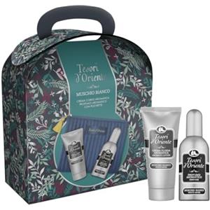 Tesori d'Oriente, Muschio Bianco Set Regalo da Viaggio, Include Profumo Aromatico 100 ml, Crema Corpo Idratante 75 ml, e Pochette Elegante, Fragranze con Note Ambrate e Armoniose che Durano a Lungo
