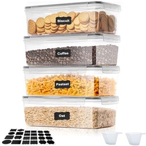 Cozary 3.2L Contenitori Ermetici per Alimenti 4 Pezzi, Contenitori per Alimenti Plastica Con Etichetta e Misurino, Senza BPA,Barattoli Ermetici Alimentari per Pasta, Cereali, Muesli, Farina