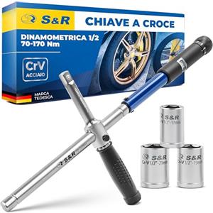 S&R Chiave a Croce Dinamometrica 1/2 (70-170 Nm). Chiave per Ruote Auto con 3 Bussole da 17, 19, 21 mm in Acciaio CR-V in solida custodia
