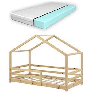 [en.casa] Letto per Bambino a Forma di Casetta con Barriere di Sicurezza e Materasso Ortopedico 70 x 140 cm Lettino in Legno di Pino con Sponde - Color Legno Naturale