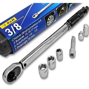 S&R Chiave Dinamometrica Auto 3/8-1/2-1/4 (19-110 NM) da 37.5 cm. Chiave dinamomentrica Moto e Bici con 3 Adattatori e 3 Bussole 13, 15 e 17mm e Prolunga di 75mm. Set Professionale e Completo.
