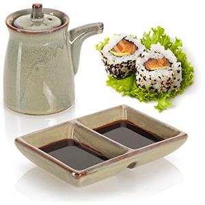 com-four® Set da portata 2 pezzi per sushi - ciotola in ceramica e contenitore salse - piatto da portata sushi (2 parti)
