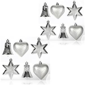 COM-FOUR® Set da 12 Pezzi di Decorazioni per L'albero di Natale - Palline dell'albero di Natale in diverse forme - Campana, Cuore e Stella da appendere all'albero di Natale (argento - 12 pezzi)