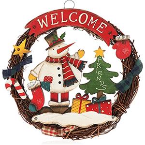 COM-FOUR® Ghirlanda di Natale intrecciata - Ghirlanda per porta "WELCOME" di legno - Decorazione natalizia da appendere - ca. Ø 24 cm (Pupazzo di neve - M)