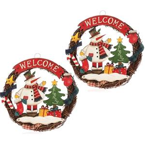 COM-FOUR® 2x ghirlanda natalizia intrecciata - ghirlanda porta "WELCOME" per Natale - Decorazione natalizia da appendere - ghirlanda di legno ca. Ø24 cm (Pupazzo di neve - M - 2 pezzi)