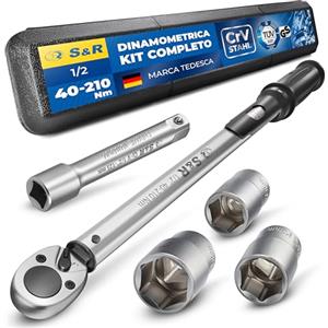 S&R Chiave dinamometrica 1/2 ' da 56 cm (40-210 Nm) con Prolunga 12.5 cm e 3 Adattatori Bussole 17-19 - 21 mm per Auto. Set Chiave Professionale con Alta Precisione di Regolazione del ± 4%.