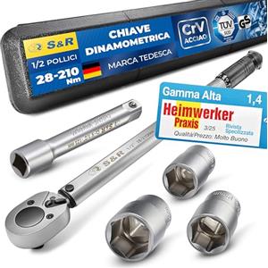 S&R Chiave Dinamometrica Auto 1/2. Set Chiave Dinamometrica Moto Professionale 28-210 Nm con Prolunga e Bussole da 17, 19, 21mm. Torque Wrench 47.5 cm. Custodia Pratica e Robusta.