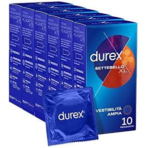 Durex Settebello XL Preservativi Extra Large Uomo Lattice di Gomma Naturale Trasparenti Extra Lubrificati Forma Easy-On Serbatoio Vestibilità Ampia Spessore Medio - 4 Confezioni da 10 Profilattici