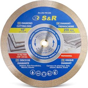 S&R Disco diamantato 250 x 25,4 x 10 mm (1,6 mm extra sottile), disco da taglio per Gres fine, Piastrelle, Porcellana, Ceramica, Granito, Marmo, per sega da banco e tagliapiastrelle