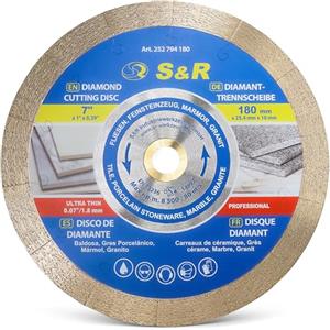 S&R Disco diamantato 180 x 25,4 x 10 mm (1,6 mm extra sottile), disco da taglio per Gres fine, Piastrelle, Porcellana, Ceramica, Granito, Marmo, per sega da banco e tagliapiastrelle