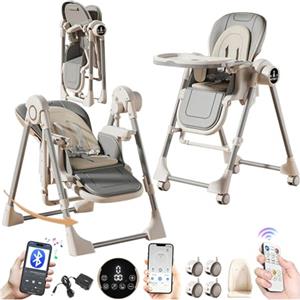 MoLi Elettrico Bluetooth Intelligente Pelle PU Seggiolone, Sedia con Funzione di Dondolo, Seggiolone Pappa Vassoio a Doppio Strato (E8121 Gray)