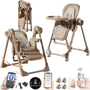 MoLi Elettrico Bluetooth Intelligente Pelle PU Seggiolone, Sedia con Funzione di Dondolo, Seggiolone Pappa Vassoio a Doppio Strato (E8121 Khaki)