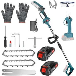 BIAOQINBO 4 in 1 Mini Motosega a Batteria 6 Pollici, Forbici Potatura Elettriche 25 mm e Sega ad Asta Telescopic con Asta Telescopica 110-135 cm, 2 Batterie 2000mAh, Per Giardino e Frutteto