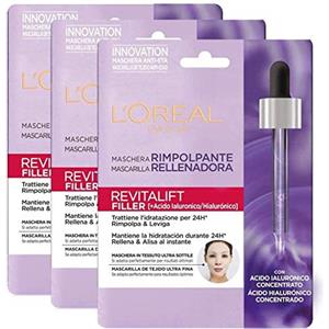 L'Oreal Paris L'Oréal Paris Maschera in Tessuto Revitalift Filler, Maschera in Tessuto Rimpolpante Anti-Età con Tecnologia Effetto Seconda Pelle, Arricchita con Acido Ialuronico, 30 G, Confezione da 3