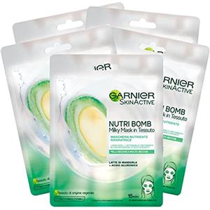 Garnier Maschera in Tessuto Nutriente e Riparatrice Skin Active Nutri Bomb, Per Pelli da Secche a Molto Secche, Effetto Rimpolpante, Con Latte di Mandorla e Acido Ialuronico, Confezione da 5