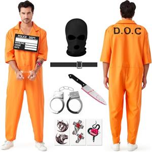 Lozzzyo Tuta Carcerato Arancione Costume da Prigioniero per Uomo, Costume Carnevale Uomo con Targa d'Identificazione, Manette, Daga, Cappuccio e Adesivi, Perfetto per Carnevale e Halloween (2XL)