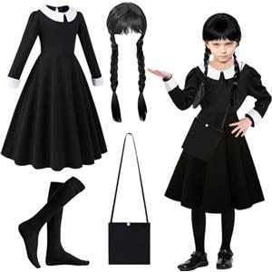 LGZIN Costume Mercoledì Bambina, Vestito Mercoledì Bambina, Abito da Mercoledìs con Parrucche, Calzino, Borsa, Mercoledìs Outfit Cosplay per Carnevale Halloween (130)