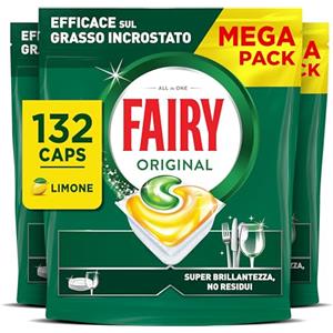 Fairy Detersivo Pastiglie Lavastoviglie Brillantante, 132 Capsule Lavastoviglie, Original Limone, Azione Pulente Al Primo Lavaggio, Efficace Sul Grasso Incrostato Con Azione Brillante