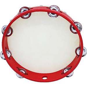 Generic Tamburello a mano da 25,4 cm con fila singola in metallo, 8 piatti in metallo, sonagli, pelle di pecora, tamburelli in legno, timbrato musicale, per adulti e bambini, ballando e cantando