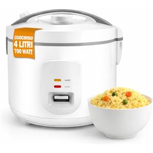 BAKAJI Cuociriso Elettrico Capacità 4 Litri con Cottura Automatica Sana e Veloce, Cuoci Riso Potenza 700 W per Cucina Carne, Verdure, Frutta e Fiori, Pentola Antiaderente, Facile Utilizzo (Bianco)