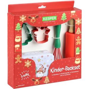 KESPER 69128 - Set da forno per bambini, 5 pezzi, rotolo, frusta, 2 formine per biscotti e biscotti | Set da forno natalizio per bambini, robusto e adatto ai bambini