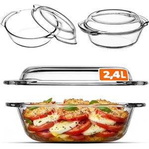 KADAX Pirofila per Cottura da Forno in Vetro Trasparente, Casseruola Rotonda con Coperchio da Cucina, Piatto Resistente al Calore per Lasagne (2.4 L)