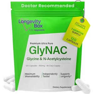 Longevity Box GlyNAC 1000 mg, 120 capsule vegane, glicina e NAC 500 mg, per il supporto del glutatione, dell'energia, del metabolismo cellulare e del benessere generale