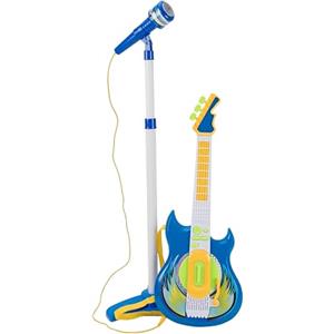 Generico Chitarra Elettrica e Microfono con Asta Giocattolo Bambini Chitarra Rock Microfono Karaoke con Collegamento MP3 Smartphone Asta Regolabile Altoparlante Basi Musicali Chitarre Rock Elettronica
