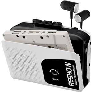 Reshow Lettore a cassette portatile Microfono e altoparlante incorporato, convertitore USB a MP3, registrazione inversa su nastro, registratore a cassette nero con cuffie