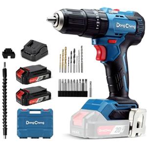 Dong Cheng DongCheng trapano percussione a batteria 20V 50 Nm, trapano avvitatore batteria con 2 Batteries 2,0Ah, motore brushless, 20+1+1 Coppie, 2 velocità, mandrino 13 mm,19 Accessori