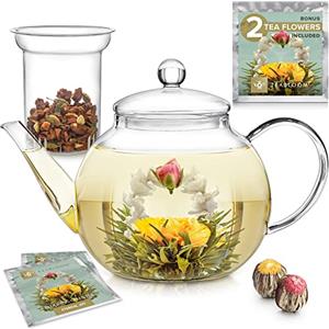 Teabloom Teiera in Vetro 2-in-1 per Fornello e Microonde con Infusore Rimovibile per Tè Sfuso - Include 2 Tè Fioriti - Bollitore e Teiera in Vetro Borosilicato