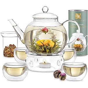 Teabloom Set Completo Fiori di Tè: Teiera in Vetro Borosilicato,12 Fiori di tè, Riscalda Teiera, 4 Tazze in Vetro a Doppio Strato, Infusore per Tè Sfuso - Perfetta Confezione Regalo