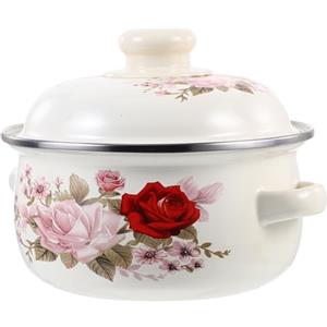 Housoutil Pentola in Ghisa Smaltata 16 CM Doppio Manico Pentola per Brodo Domestica Multifunzionale con Coperchio Adatta a Piani Cottura a Induzione e a Gas Utensile da Cucina per Zuppe