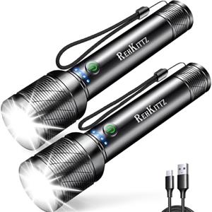 REHKITTZ Torcia LED Ricaricabile,2200 Lumen (Batteria Incorporata di Grande Capacità), Torcia Potente con Visualizzazione della Potenza, 5 Modalità di Illuminazione, Zoomabile(2 Pezzo)