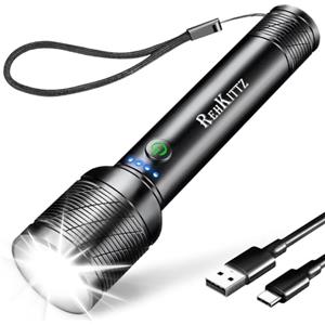 REHKITTZ Torcia LED Ricaricabile,2200 Lumen (Batteria Incorporata di Grande Capacità), Torcia Potente con Visualizzazione della Potenza, 5 Modalità di Illuminazione, Zoomabile(1 Pezzo)