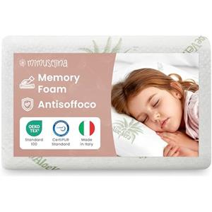 MIMUSELINA Cuscino Memory Foam Bambini 50x30x5,5 cm | Cuscino Antisoffoco Neonato in Schiuma Viscoelastica Traspirabile | Cuscini letto e Culla con Rivestimento Aloe Vera Sfoderabile e Lavabile