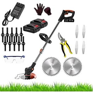 EGLEMTEK Decespugliatore A Batteria Tagliabordi Elettrico Asta Regolabile Senza Fili Con Lame Metalliche 2 Batterie Testa Rotante Regolabile a 90° Tagliaerba Rasaerba 24V Con Occhiali E Guanti