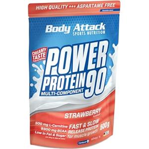 Body Attack Power Protein 90, Fragola, 1 kg, 5K proteine in polvere con proteine del siero di latte, L-carnitina e BCAA per la costruzione muscolare e il fitness.