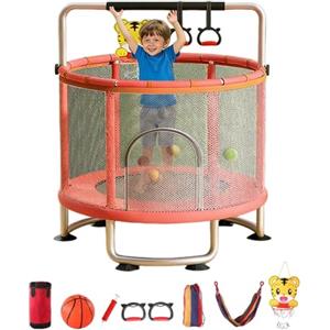 Generico Trampolino per Bambini con Sbarra Regolabile,Trampolino da Interno 5 Piedi con Rete di Sicurezza, Attrezzi Ginnici, Regalo per Bambini 1+, Portata Max 200kg (Blu) (Rosso)
