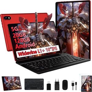 UJJ Tablet 10 Pollici Android con 20GB RAM + 128GB ROM (TF/2TB), 5G WiFi 6, Octa-Core, GMS, Bluetooth 5.0, 5MP + 8MP, 1280 * 800 FHD IPS, Widevine L1, 2025 Newest Tablet 2 in 1 con Tastiera e Mouse - Red