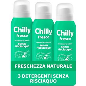 Chilly Senza Risciacquo, Detergente Intimo Senza Risciacquo Fresco, Da usare sulla Carta Igienica, Formula in Mousse a pH5, Con Anti-Odor, Clinicamente Testato, 3 Flaconi da 100ml - Esclusiva Amazon
