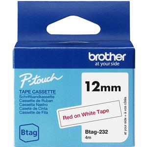 Brother Btag-232 Nastro Originale per Etichettatrici - Rosso su Bianco, Ampiezza 12 mm, Lunghezza 4 m, Compatibile con PT-N10, PT-N20, PT-N25BT