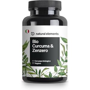 natural elements Bio Curcuma & Zenzero - 180 capsule - curcuma, zenzero e pepe biologici - con curcumina e piperina - ad alto dosaggio - prodotto e testato in laboratorio in Germania