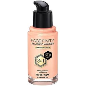 Max Factor Fondotinta Facefinity All Day Flawless - Correttore, Fondotinta liquido e primer viso 3-in-1, Formula vegan, Copertura modulabile, Tenuta fino a 30 ore, SPF20 - C30 Porcelain, 30 ml