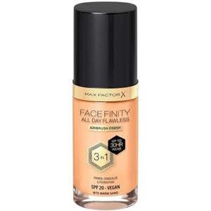 Max Factor Fondotinta Facefinity All Day Flawless - Correttore, Fondotinta liquido e primer viso 3-in-1, Formula vegan, Copertura modulabile, Tenuta fino a 30 ore, SPF20 - W70 Warm Sand, 30 ml