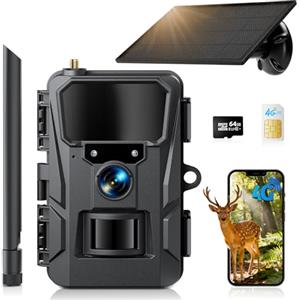 WOLFANG Fototrappola, 4G LTE Fototrappola Solare 2K con Scheda SIM Preinstallato e 64GB SD, Fotocamera con Allarme, Visione Notturna, Batteria da 5200 mAh, Tempo di Scatto 0,2s, IP66, nero