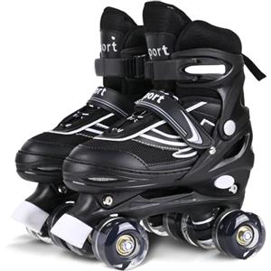 PIPIZHU Pattini a Rotelle per Bambini, Bambina, Bambino, Pattini a 4 Ruote per ragazze, ragazzi e principianti, 4 taglie regolabili, adatti per interni ed esterni (Nero, S)