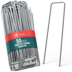 VOUNOT® Set da 50 Picchetti di Fissaggio per Telo Pacciamatura in Metallo Zincato, Picchetti da Giardino a U 150x30 mm Ø 3 mm, per Teli Anti Erbacce, Reti, Prato Artificiale e Tubo Irrigazione